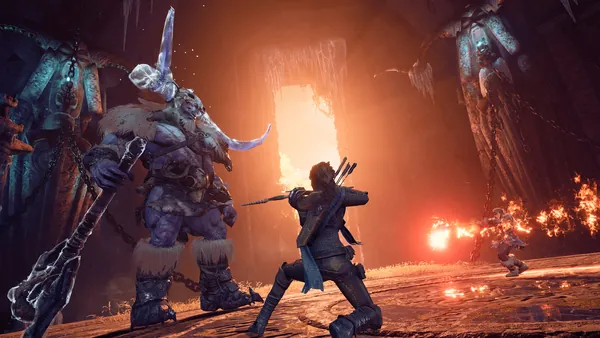 Boss fight in an icy dungeon arena