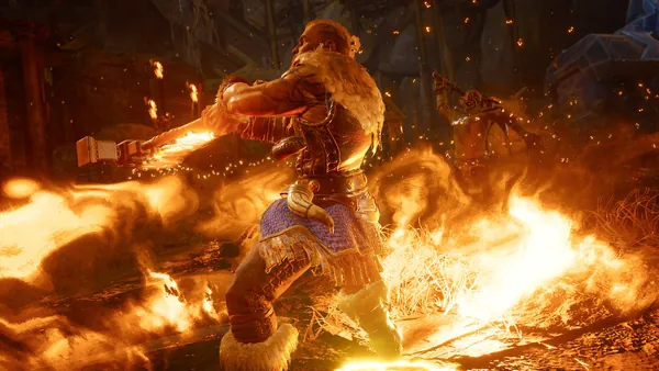 Melee combat with a flaming warhammer