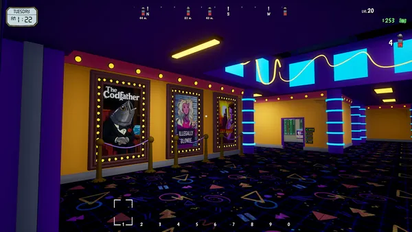 Inside the store — neon-lit movie poster wall